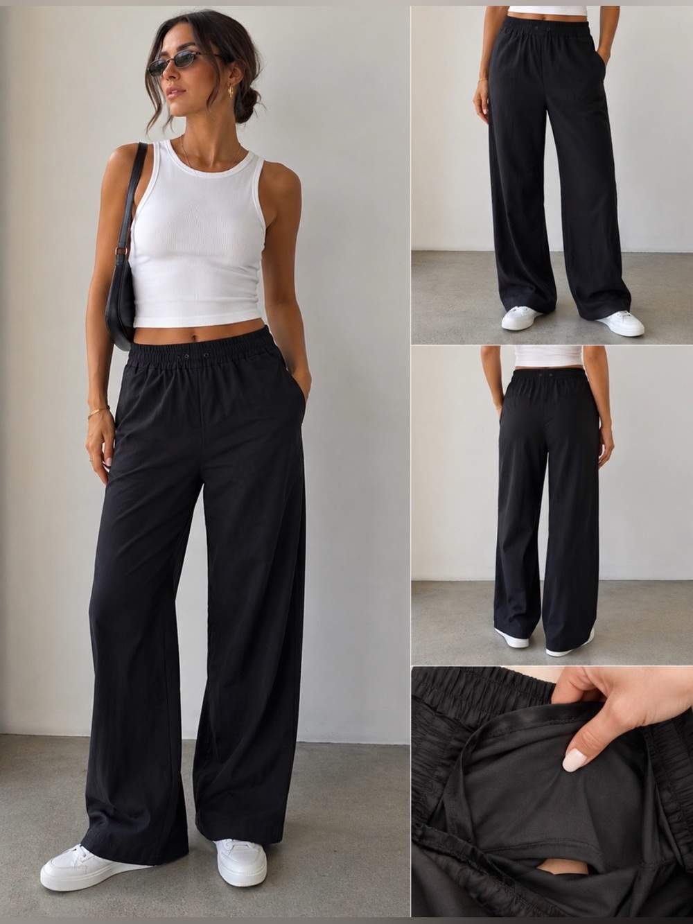 Emporio Armani Black Lightweight Cotton Wide Leg Pull-On Trousers Lined Size 40
